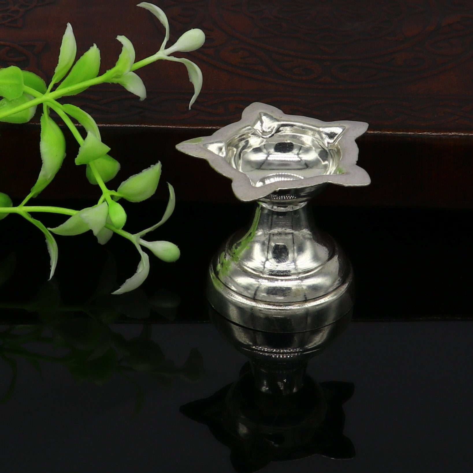 999 pure silver handmade elegant oil lamp, silver home temple utensils, silver diya, deepak, silver vessels, silver puja article nsv85 - TRIBAL ORNAMENTS