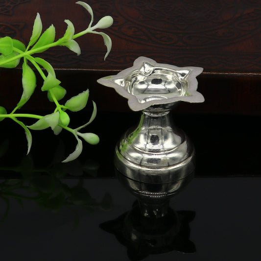 999 pure silver handmade elegant oil lamp, silver home temple utensils, silver diya, deepak, silver vessels, silver puja article nsv85 - TRIBAL ORNAMENTS