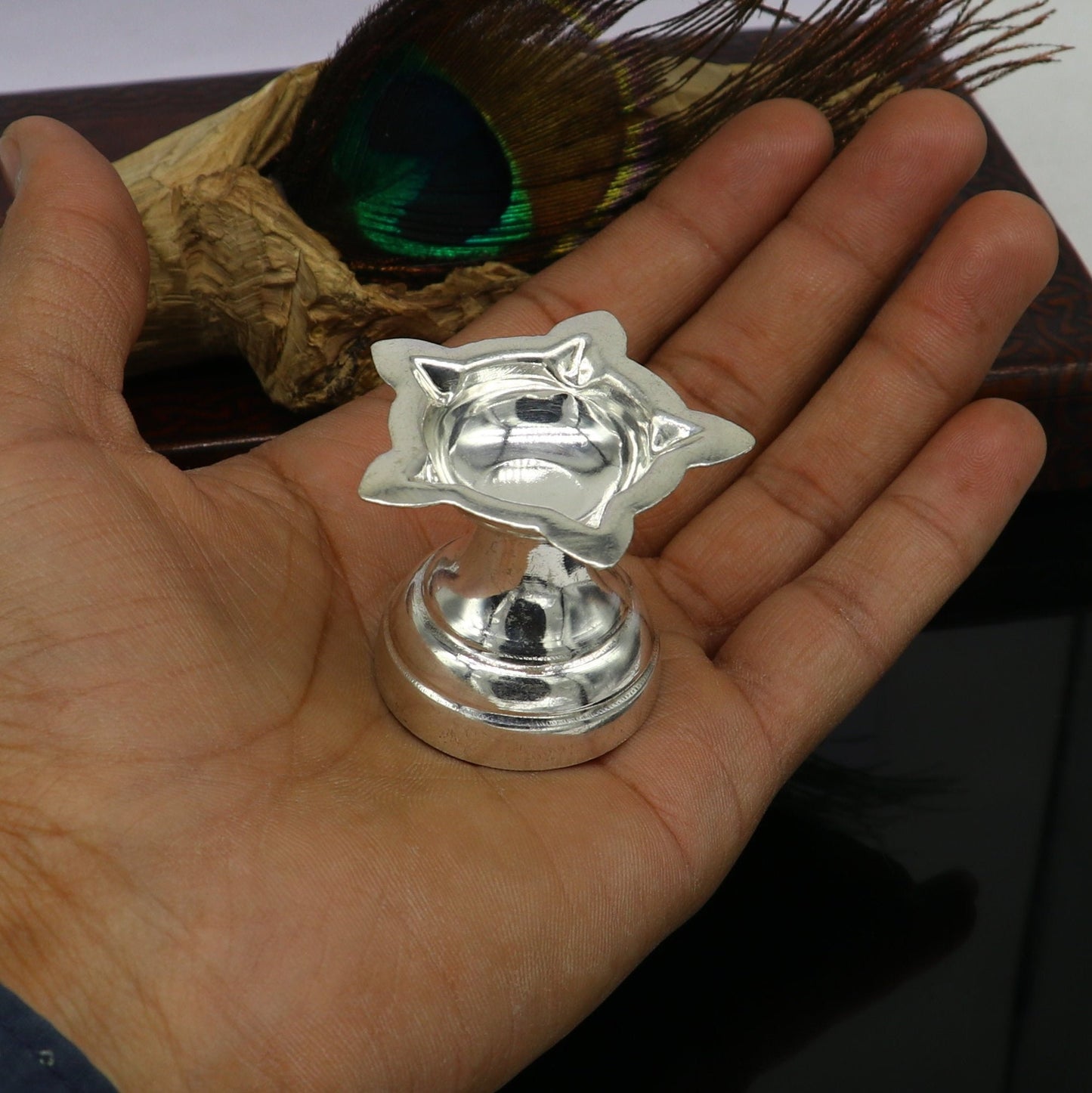 999 pure silver handmade elegant oil lamp, silver home temple utensils, silver diya, deepak, silver vessels, silver puja article nsv85 - TRIBAL ORNAMENTS