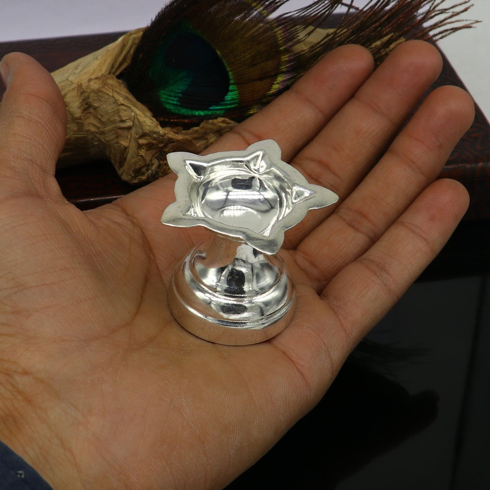 999 pure silver handmade elegant oil lamp, silver home temple utensils, silver diya, deepak, silver vessels, silver puja article nsv85 - TRIBAL ORNAMENTS