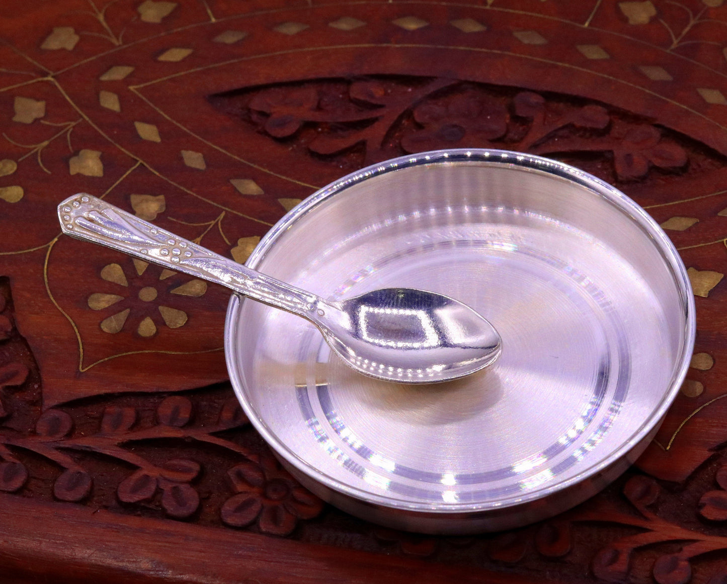 999 pure silver handmade silver baby plate and spoon set, silver has antibacterial properties, keep stay healthy, silver vessels sv08 - TRIBAL ORNAMENTS