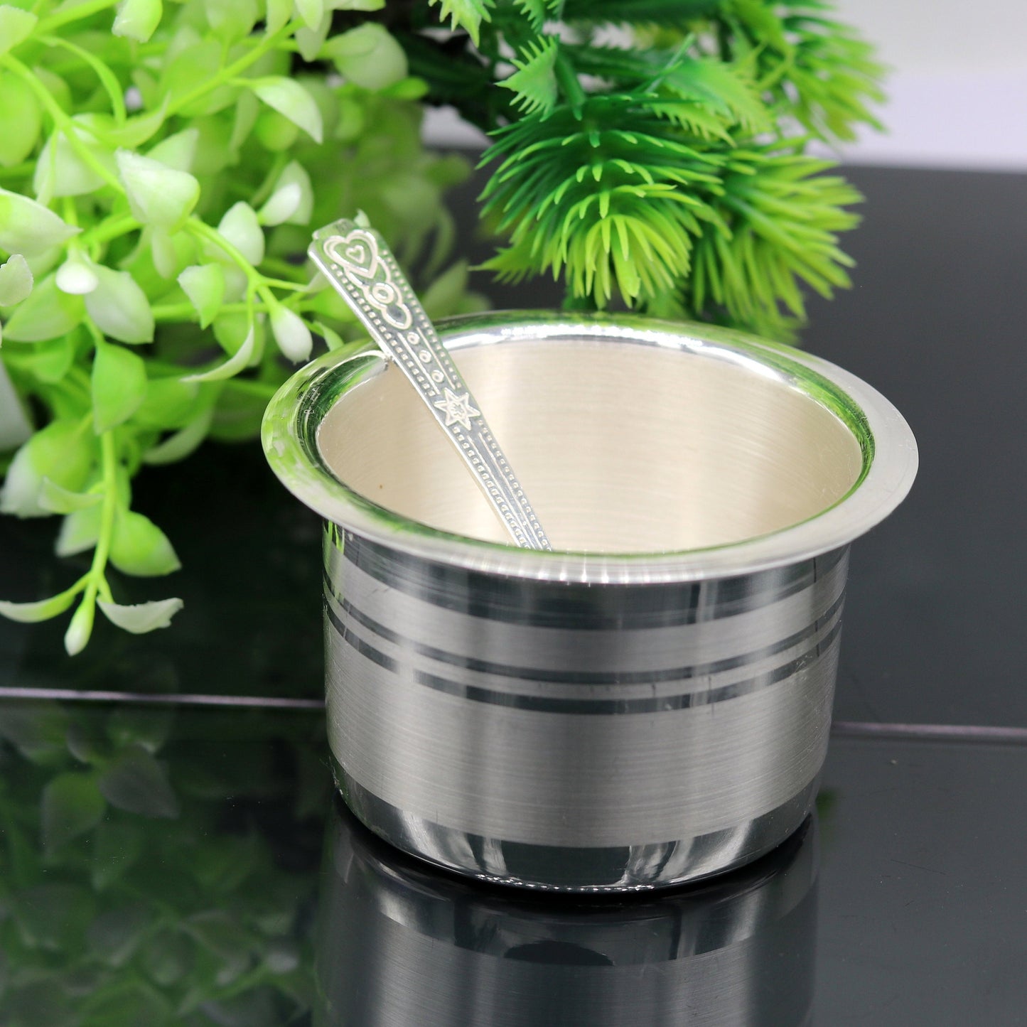 Tribal Ornaments 999 pure silver baby feeding set with handmade silver bowl and spoon, including tumbler and utensils for healthy feeding.