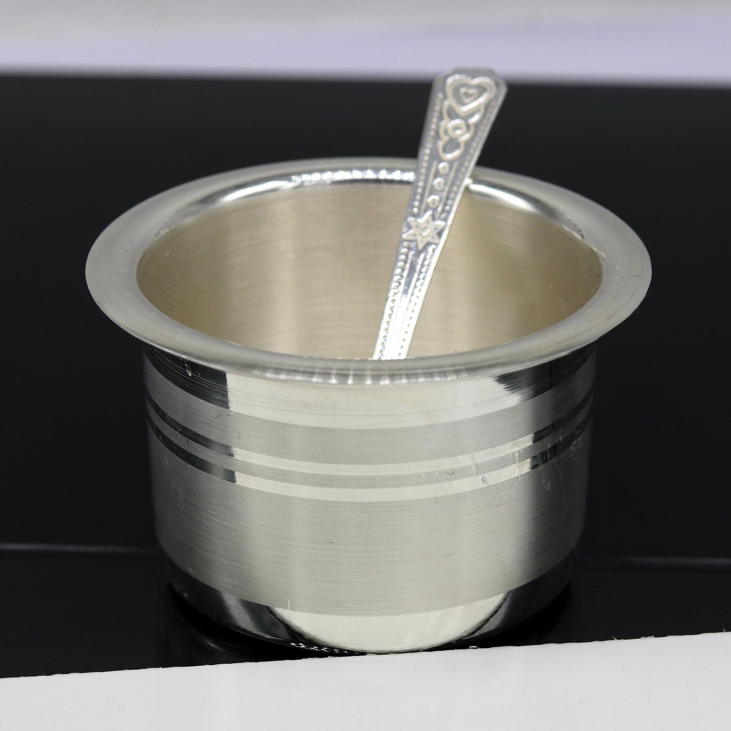 Tribal Ornaments 999 pure silver baby feeding set with handmade silver bowl and spoon, including tumbler and utensils.