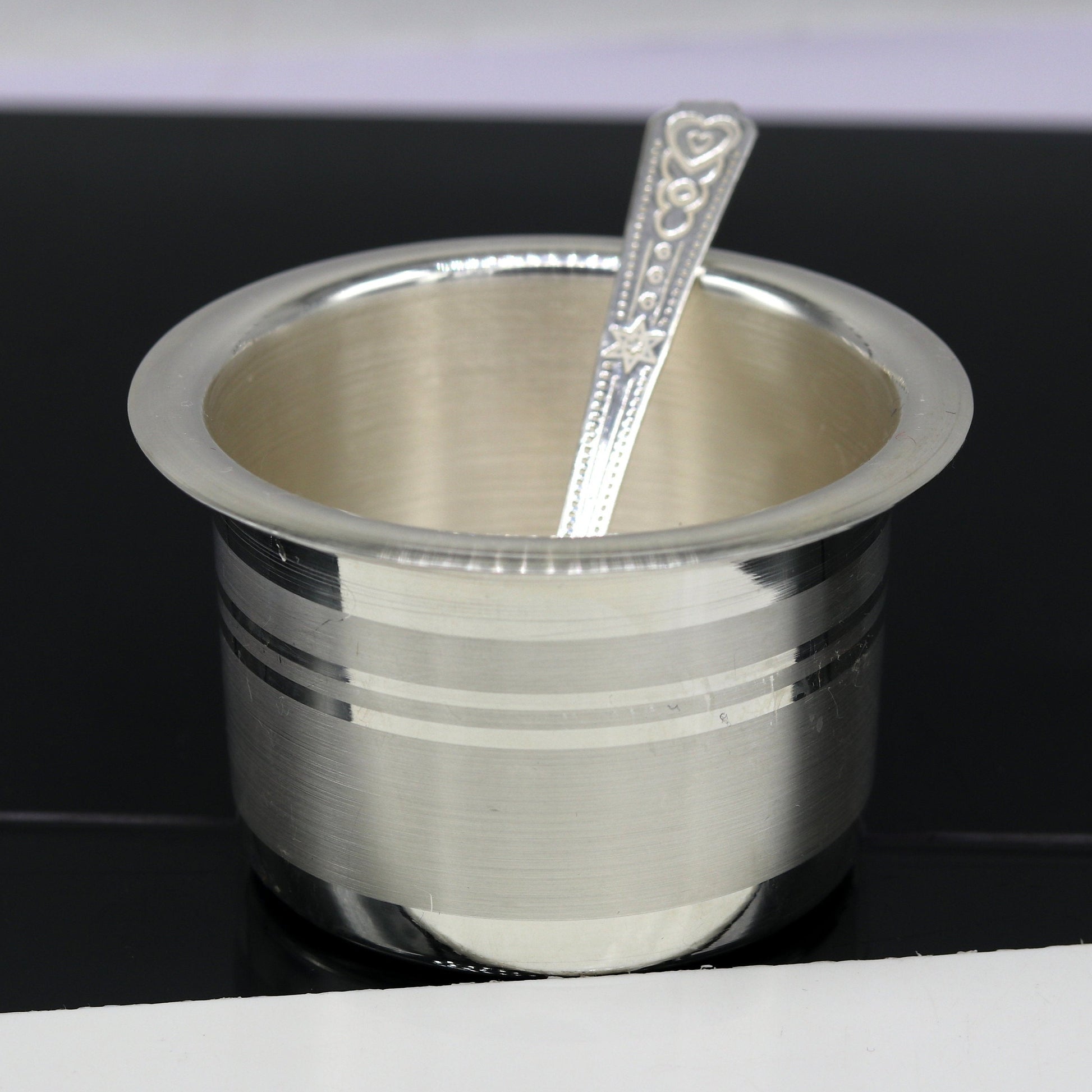 Tribal Ornaments 999 pure silver baby feeding set with handmade silver bowl and spoon, including tumbler and utensils.