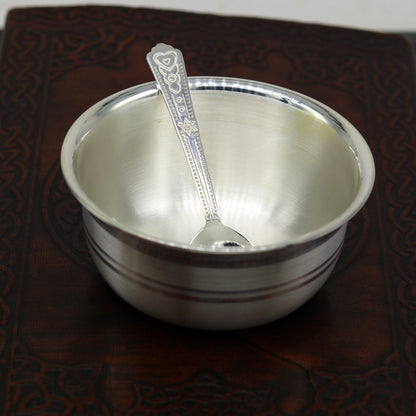 999 pure silver handmade solid bowl and spoon, table serving bowl, silver vessels, food serving utensils set, silver kitchen tools art sv84 - TRIBAL ORNAMENTS