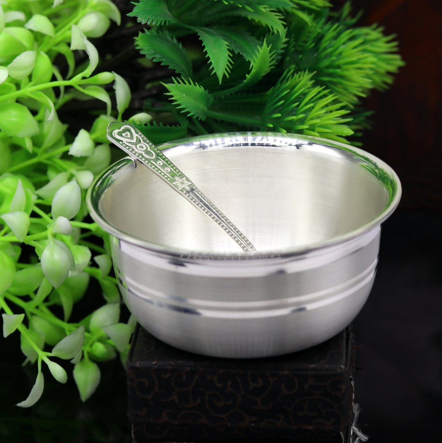 999 pure silver handmade solid bowl and spoon, table serving bowl, silver vessels, food serving utensils, silver kitchen art baby set sv85 - TRIBAL ORNAMENTS