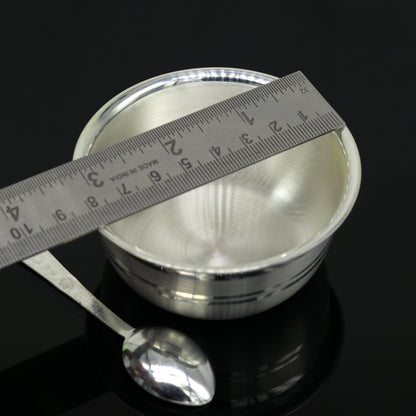 999 pure silver handmade solid bowl and spoon, table serving bowl, silver vessels, food serving utensils, silver kitchen art baby set sv85 - TRIBAL ORNAMENTS