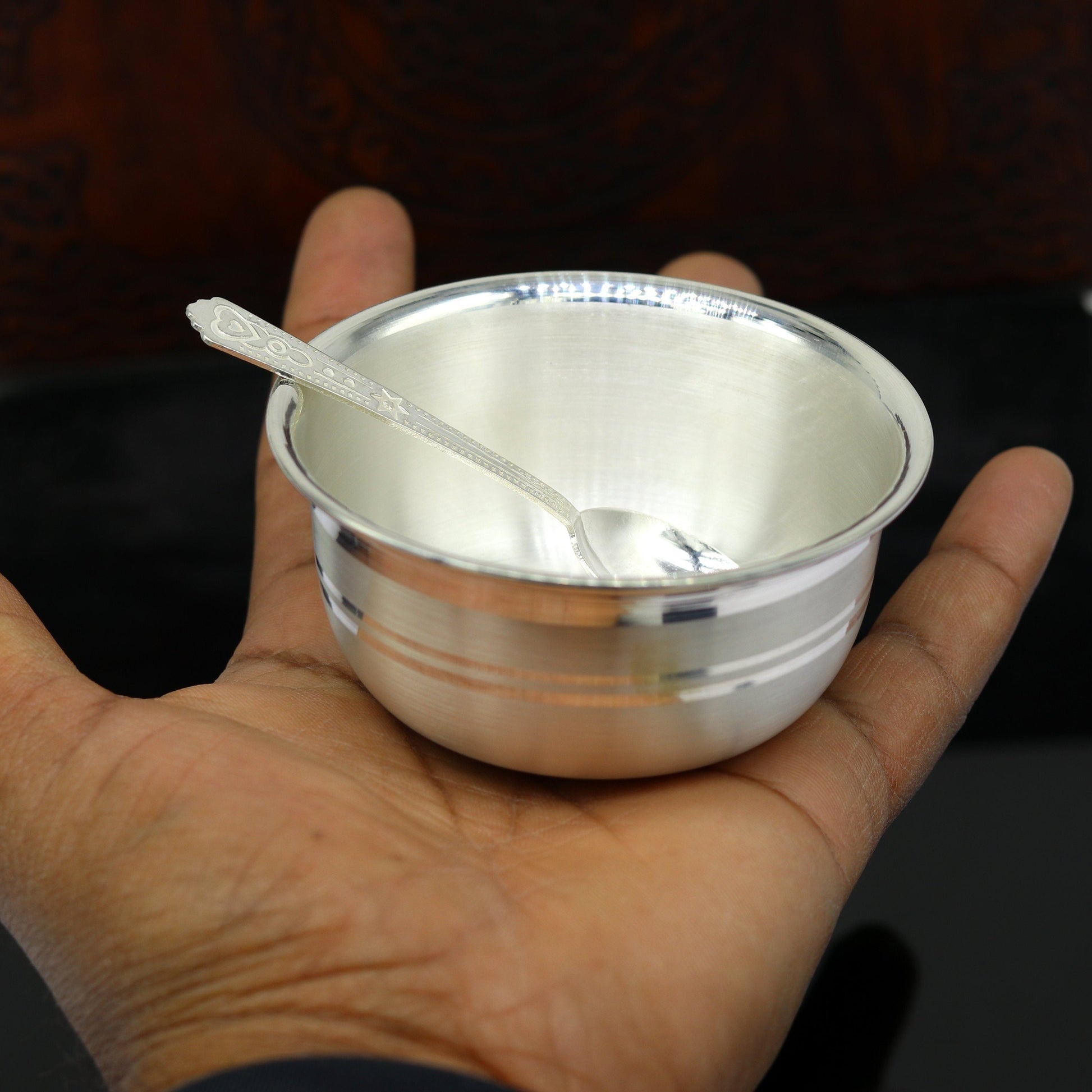 999 pure silver handmade solid bowl and spoon, table serving bowl, silver vessels, food serving utensils, silver kitchen art baby set sv85 - TRIBAL ORNAMENTS