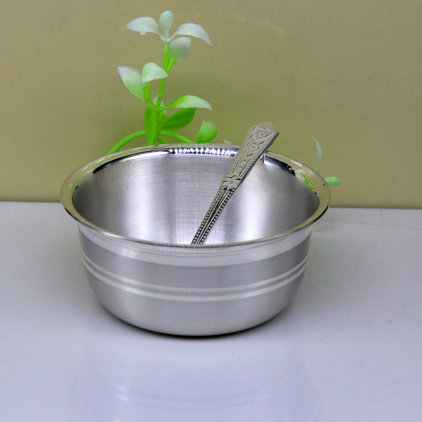 999 pure silver handmade solid bowl and spoon, table serving bowl, silver vessels, food serving utensils, silver kitchen art baby set sv85 - TRIBAL ORNAMENTS