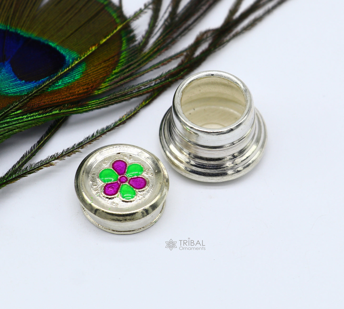 999 pure silver trinket box, kajal box brides round shape box flower design box , container tobacco box, eyeliner Sindur box gifting stb807 - TRIBAL ORNAMENTS