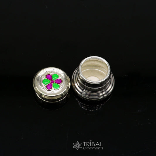 999 pure silver trinket box, kajal box brides round shape box flower design box , container tobacco box, eyeliner Sindur box gifting stb807 - TRIBAL ORNAMENTS