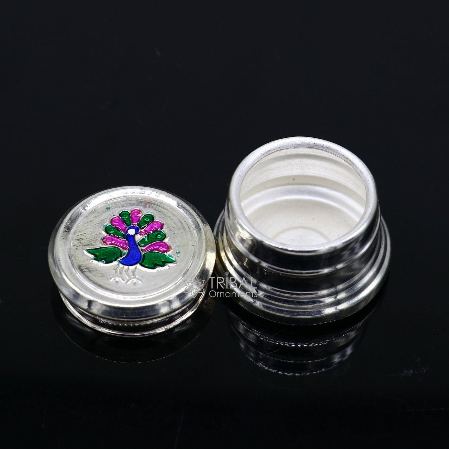 999 pure silver trinket box, kajal box brides round shape box peacock design box , container tobacco box, eyeliner Sindur box gifting stb801 - TRIBAL ORNAMENTS