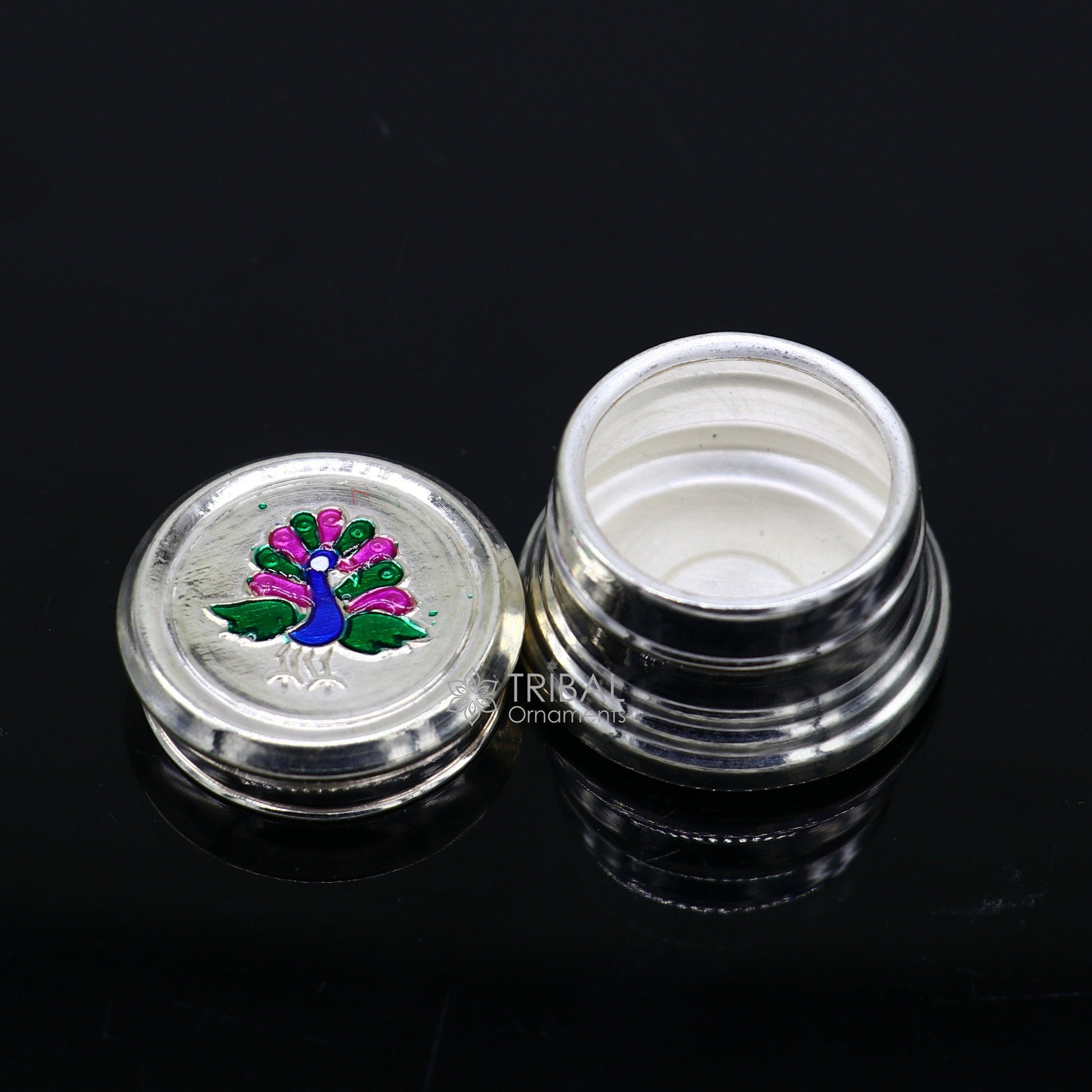 999 pure silver trinket box, kajal box brides round shape box peacock design box , container tobacco box, eyeliner Sindur box gifting stb801 - TRIBAL ORNAMENTS