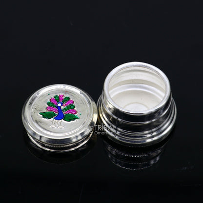 999 pure silver trinket box, kajal box brides round shape box peacock design box , container tobacco box, eyeliner Sindur box gifting stb801 - TRIBAL ORNAMENTS