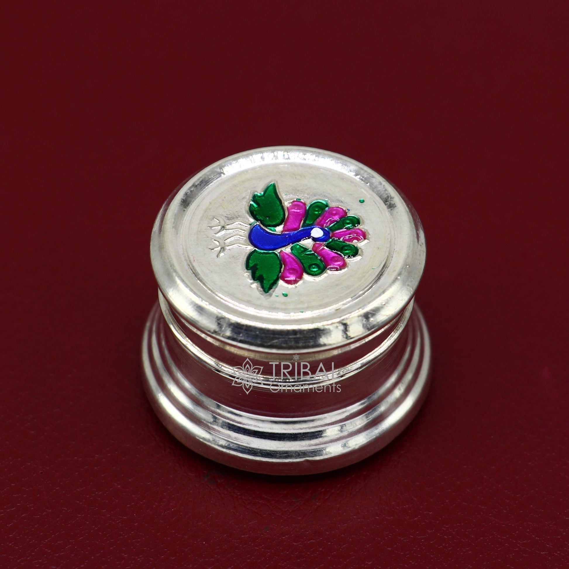999 pure silver trinket box, kajal box brides round shape box peacock design box , container tobacco box, eyeliner Sindur box gifting stb801 - TRIBAL ORNAMENTS