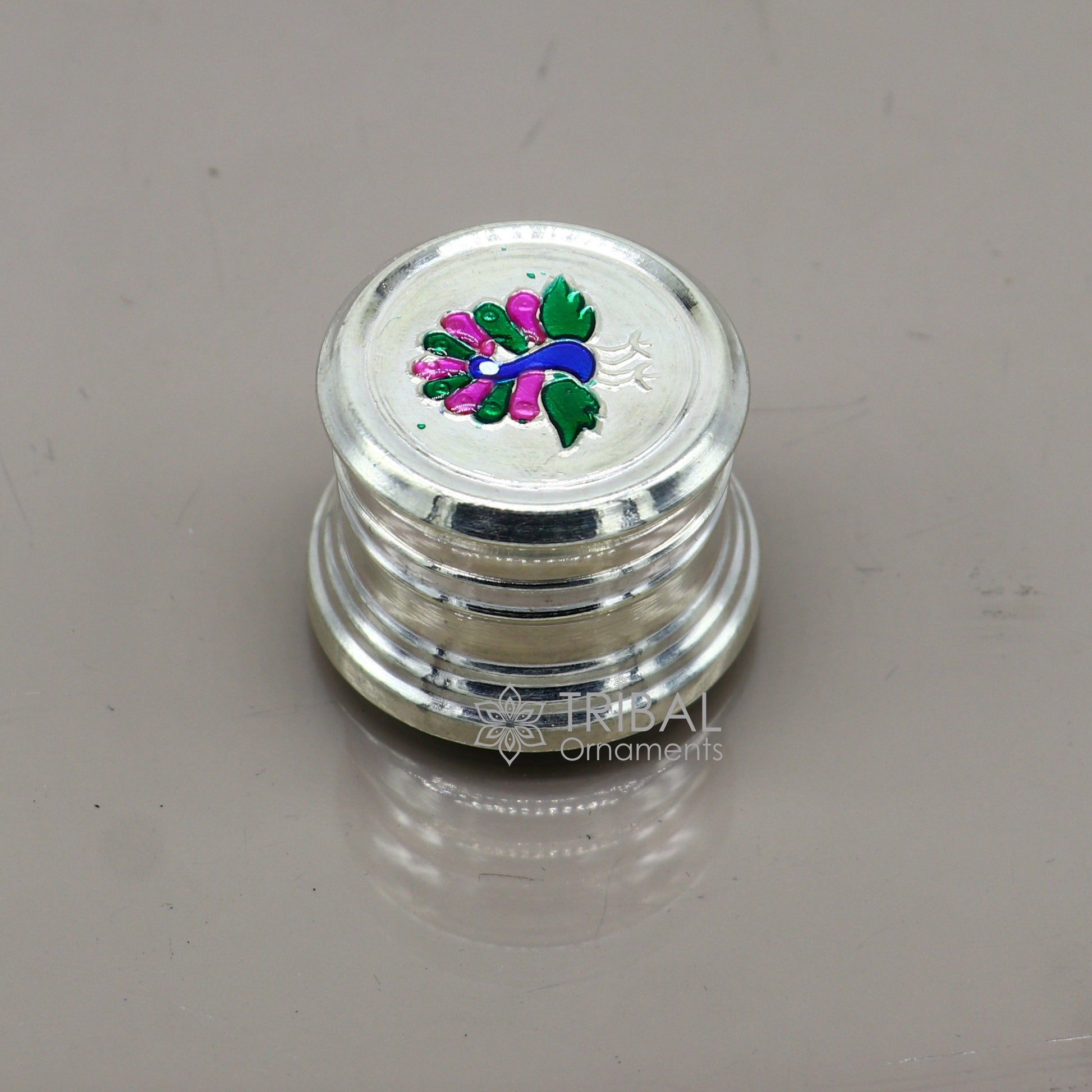 999 pure silver trinket box, kajal box brides round shape box peacock design box , container tobacco box, eyeliner Sindur box gifting stb801 - TRIBAL ORNAMENTS