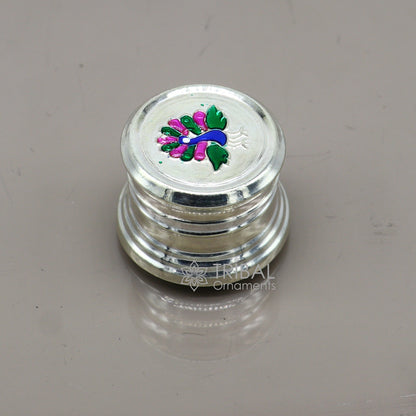 999 pure silver trinket box, kajal box brides round shape box peacock design box , container tobacco box, eyeliner Sindur box gifting stb801 - TRIBAL ORNAMENTS