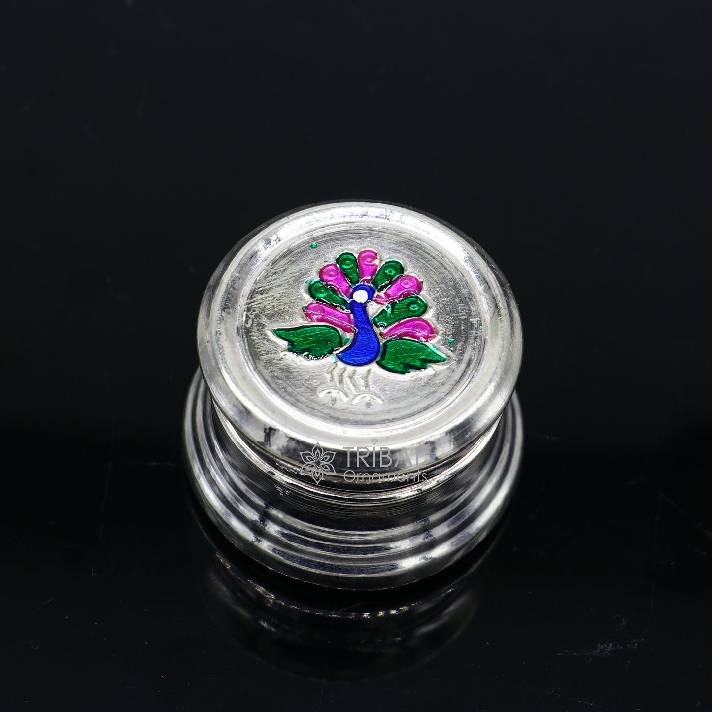 999 pure silver trinket box, kajal box brides round shape box peacock design box , container tobacco box, eyeliner Sindur box gifting stb801 - TRIBAL ORNAMENTS