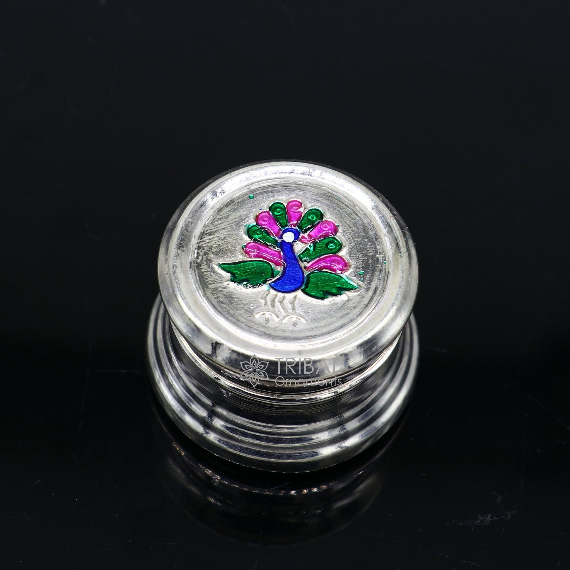 999 pure silver trinket box, kajal box brides round shape box peacock design box , container tobacco box, eyeliner Sindur box gifting stb801 - TRIBAL ORNAMENTS
