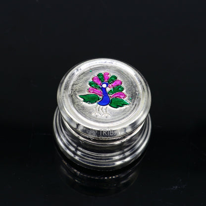 999 pure silver trinket box, kajal box brides round shape box peacock design box , container tobacco box, eyeliner Sindur box gifting stb801 - TRIBAL ORNAMENTS