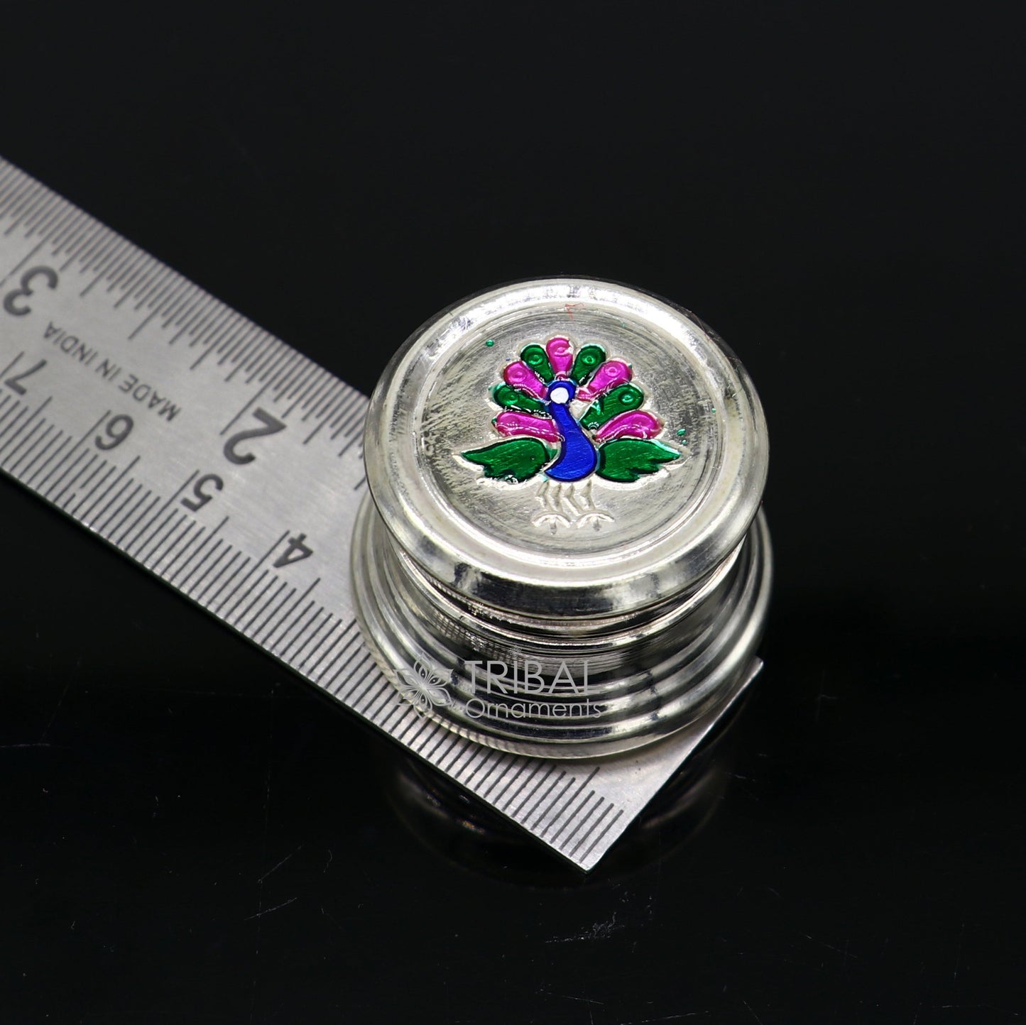 999 pure silver trinket box, kajal box brides round shape box peacock design box , container tobacco box, eyeliner Sindur box gifting stb801 - TRIBAL ORNAMENTS
