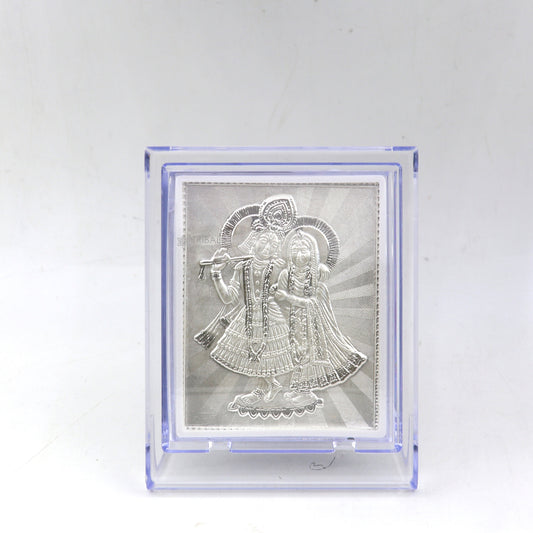 999 pure sterling silver handmade idol Radha Krishna plate covered in plastic frame figurine, silver god frame art766 - TRIBAL ORNAMENTS