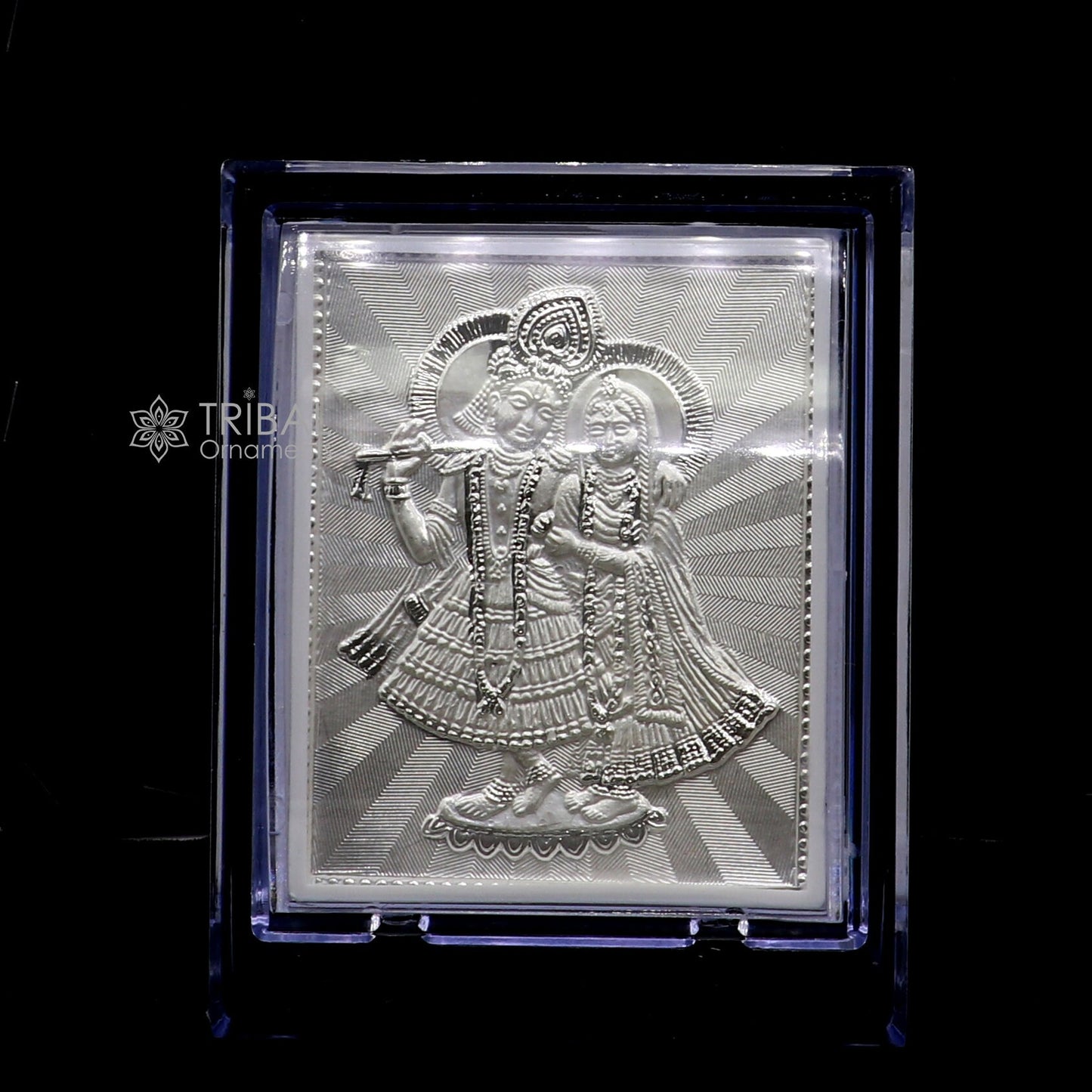 999 pure sterling silver handmade idol Radha Krishna plate covered in plastic frame figurine, silver god frame art766 - TRIBAL ORNAMENTS