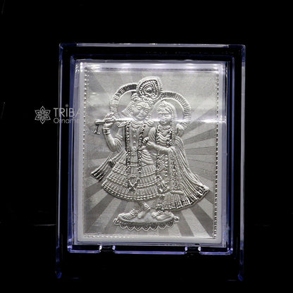 999 pure sterling silver handmade idol Radha Krishna plate covered in plastic frame figurine, silver god frame art766 - TRIBAL ORNAMENTS
