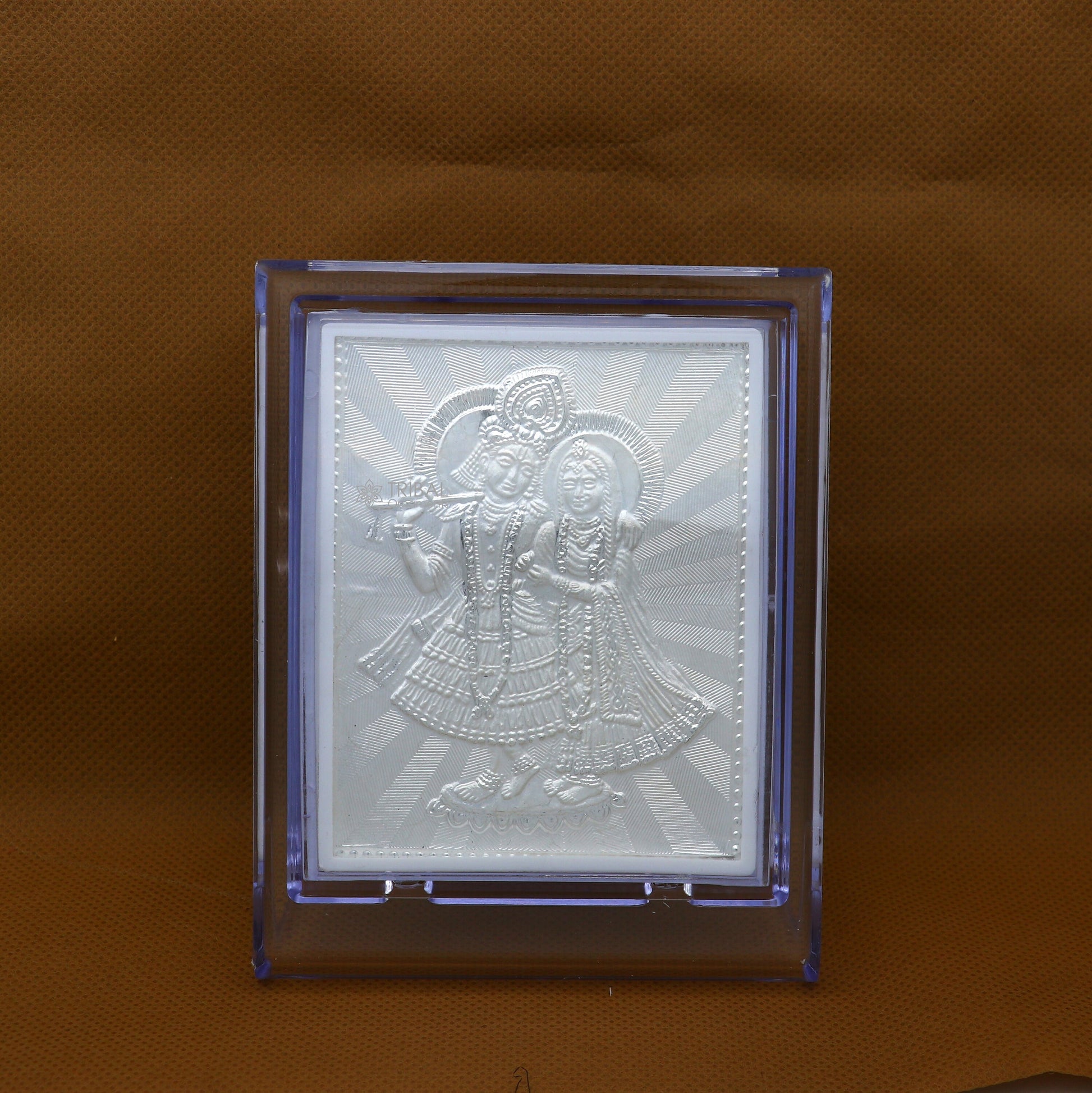 999 pure sterling silver handmade idol Radha Krishna plate covered in plastic frame figurine, silver god frame art766 - TRIBAL ORNAMENTS