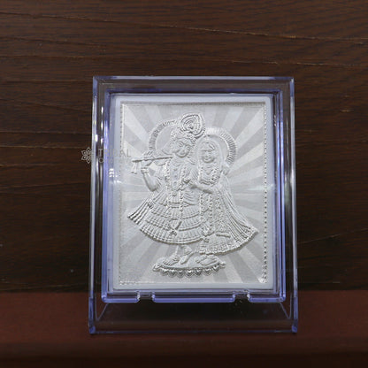 999 pure sterling silver handmade idol Radha Krishna plate covered in plastic frame figurine, silver god frame art766 - TRIBAL ORNAMENTS