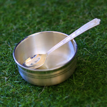 Handmade sterling silver bowl and spoon set by Tribal Ornaments, featuring polished silver with antibacterial properties.