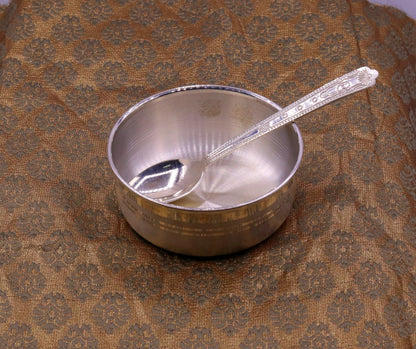 Handmade 999 pure sterling silver bowl and spoon set with antibacterial properties, crafted by Tribal Ornaments in a traditional style.