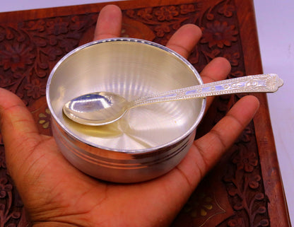 Handmade sterling silver bowl and spoon set with antibacterial properties, crafted by TRIBAL ORNAMENTS.