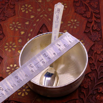 Handmade sterling silver bowl and spoon set by TRIBAL ORNAMENTS, featuring antibacterial properties and traditional craftsmanship.