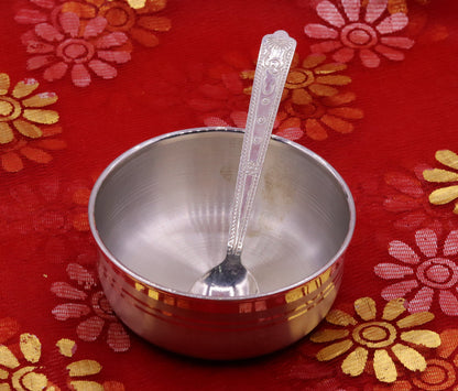 Handmade sterling silver bowl and spoon set with antibacterial properties, crafted by TRIBAL ORNAMENTS for health and elegance.