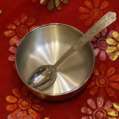 Handmade sterling silver bowl and spoon set with antibacterial properties, crafted by Tribal Ornaments, showcasing detailed silver craftsmanship.
