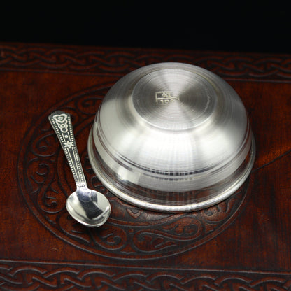 Handmade 999 pure sterling silver bowl and spoon set by Tribal Ornaments, ideal for baby serving and healthy silver vessels.