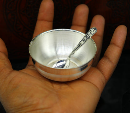 Handmade 999 pure sterling silver bowl and spoon set by TRIBAL ORNAMENTS, ideal for healthy baby serving utensils and silver vessels.