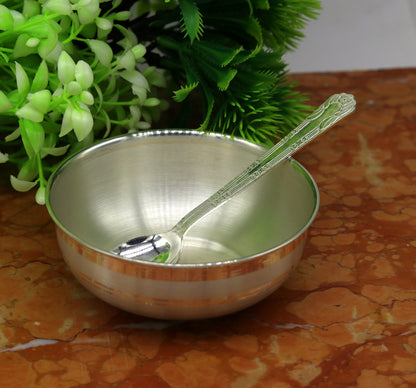 Handmade 999 pure sterling silver bowl and spoon from TRIBAL ORNAMENTS, showcasing elegant craftsmanship and antibacterial properties.