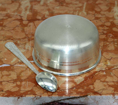 Handmade 999 pure sterling silver bowl and spoon set by Tribal Ornaments, featuring antibacterial silver properties.