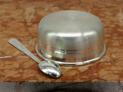 Handmade solid sterling silver bowl and spoon set by TRIBAL ORNAMENTS, featuring antibacterial silver for health and elegance.