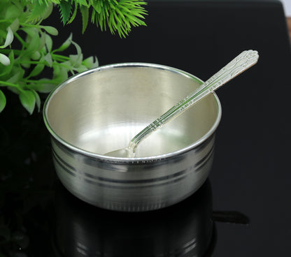 Handmade sterling silver bowl and spoon set by Tribal Ornaments, featuring antibacterial properties and elegant craftsmanship.