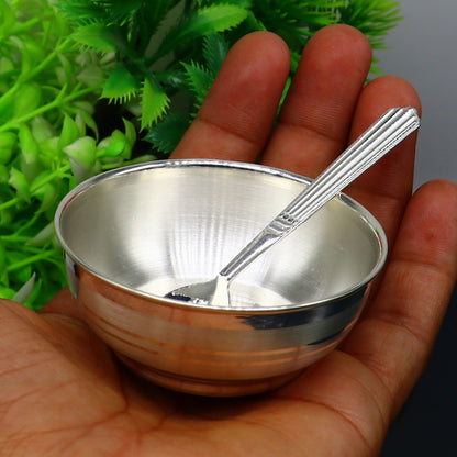Handmade 999 pure sterling silver baby serving bowl and spoon set, silver vessel for healthy food presentation by TRIBAL ORNAMENTS.
