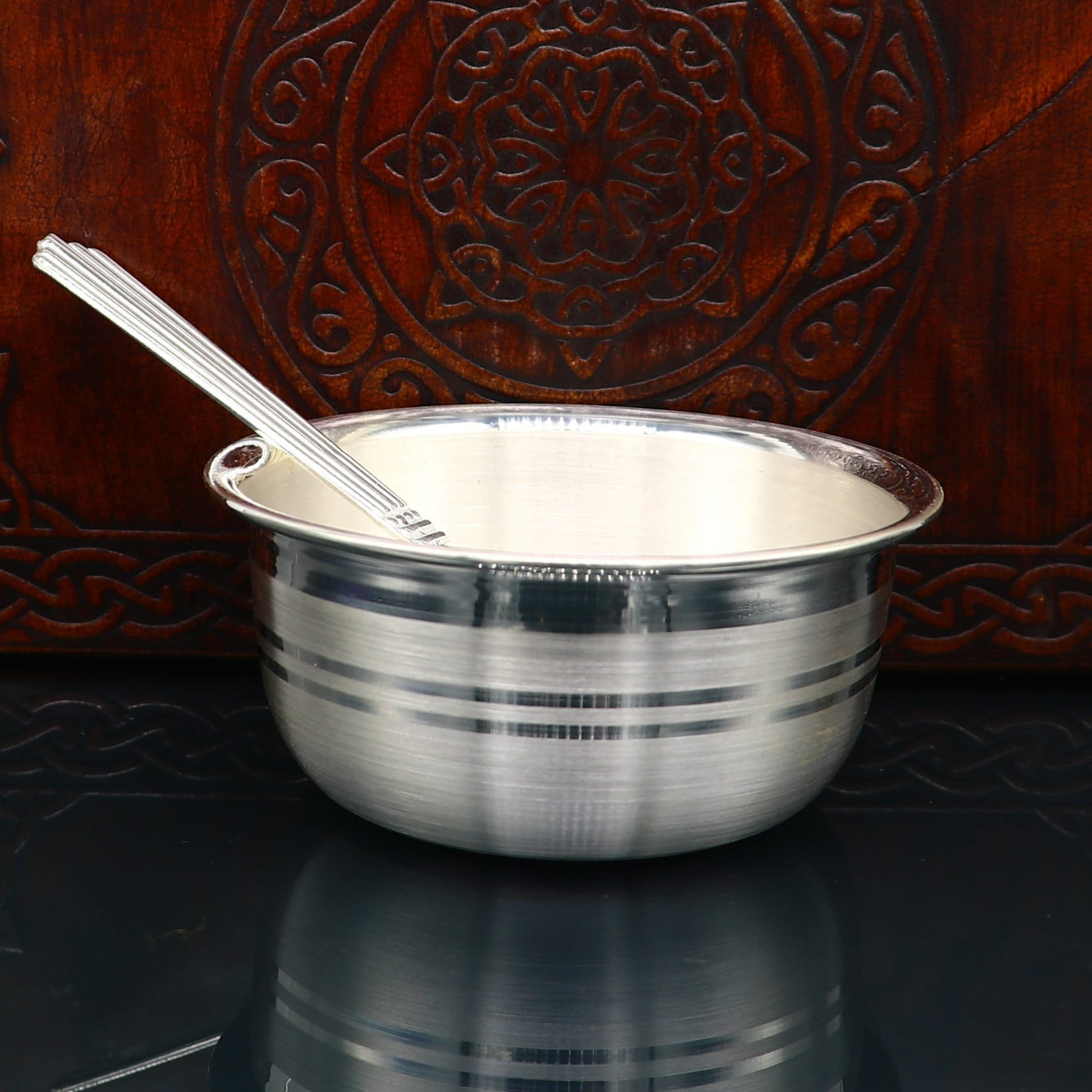 999 pure sterling silver handmade solid silver bowl & spoon, healthy serving bowl, silver vessel, baby serving food utensils baby set sv191 - TRIBAL ORNAMENTS