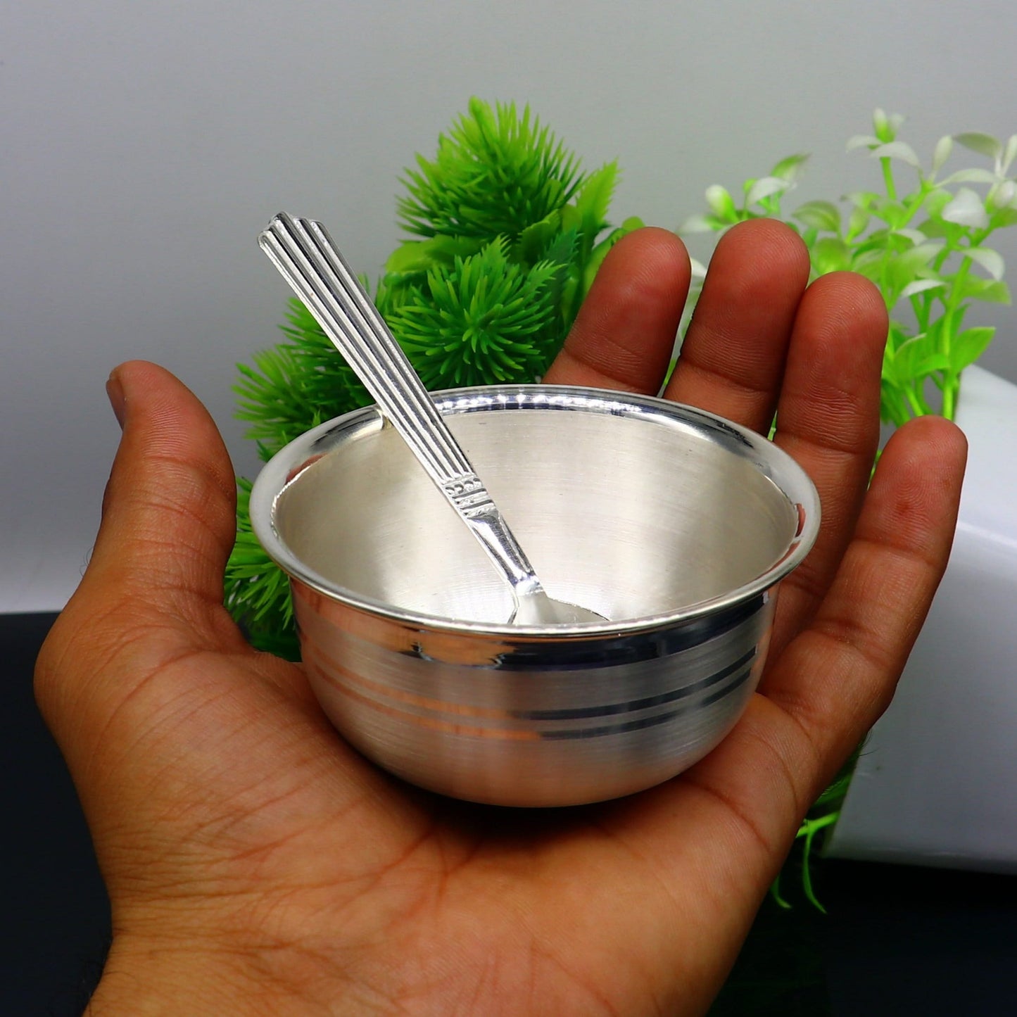 999 pure sterling silver handmade solid silver bowl & spoon, healthy serving bowl, silver vessel, baby serving food utensils baby set sv191 - TRIBAL ORNAMENTS