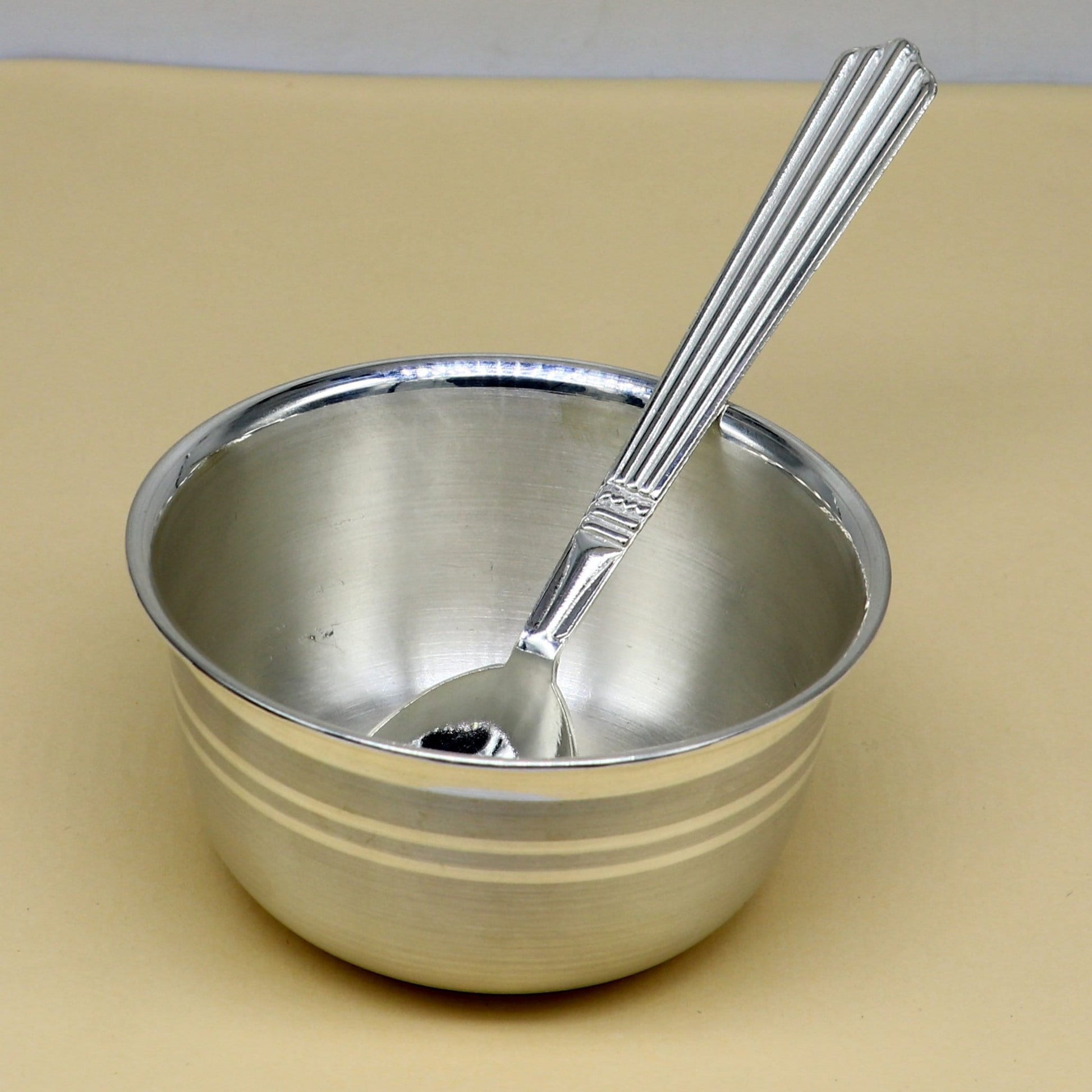 999 pure sterling silver handmade solid silver bowl & spoon, healthy serving bowl, silver vessel, baby serving food utensils baby set sv192 - TRIBAL ORNAMENTS