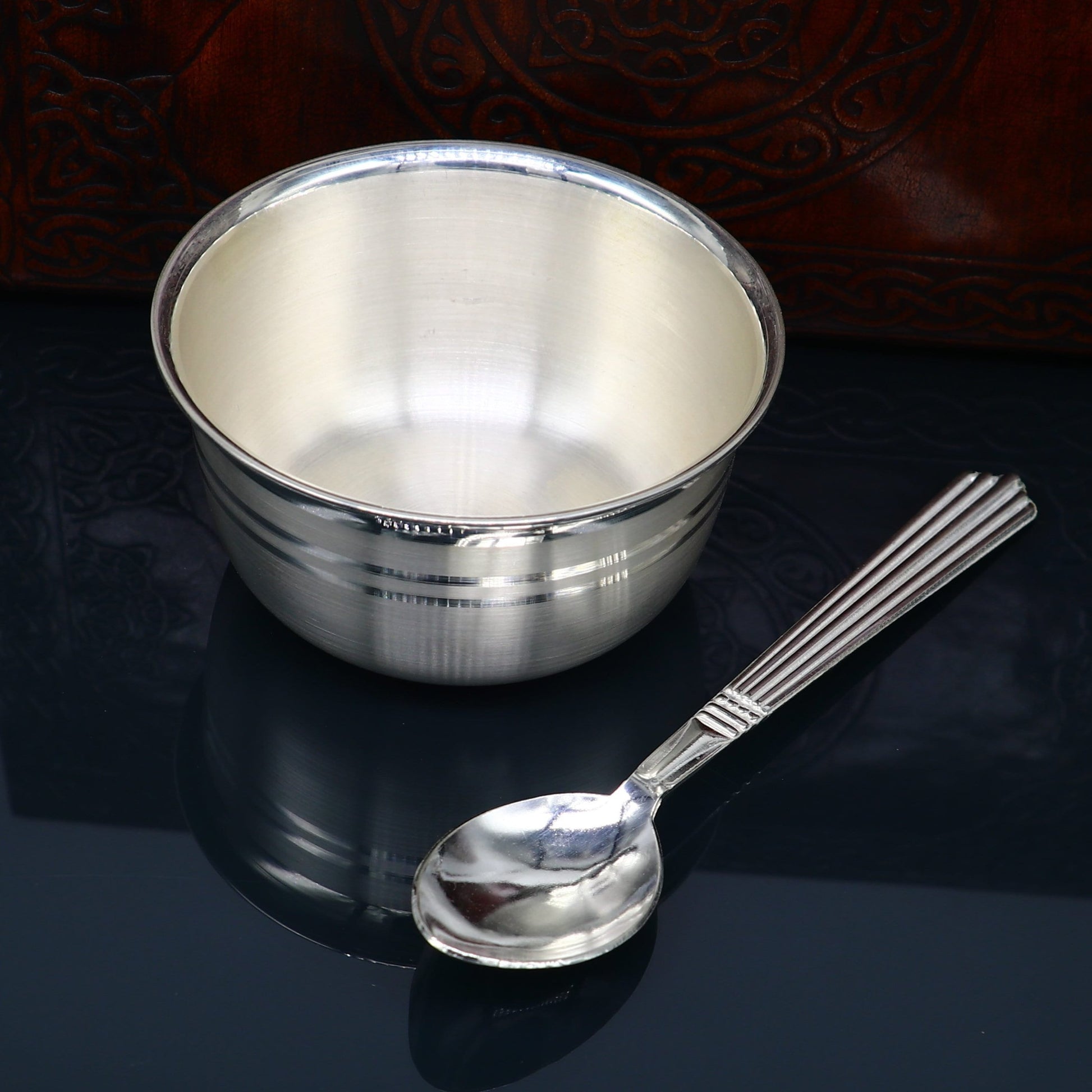 999 pure sterling silver handmade solid silver bowl & spoon, healthy serving bowl, silver vessel, baby serving food utensils baby set sv192 - TRIBAL ORNAMENTS