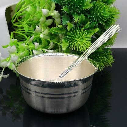 999 pure sterling silver handmade solid silver bowl & spoon, healthy serving bowl, silver vessel, baby serving food utensils baby set sv192 - TRIBAL ORNAMENTS