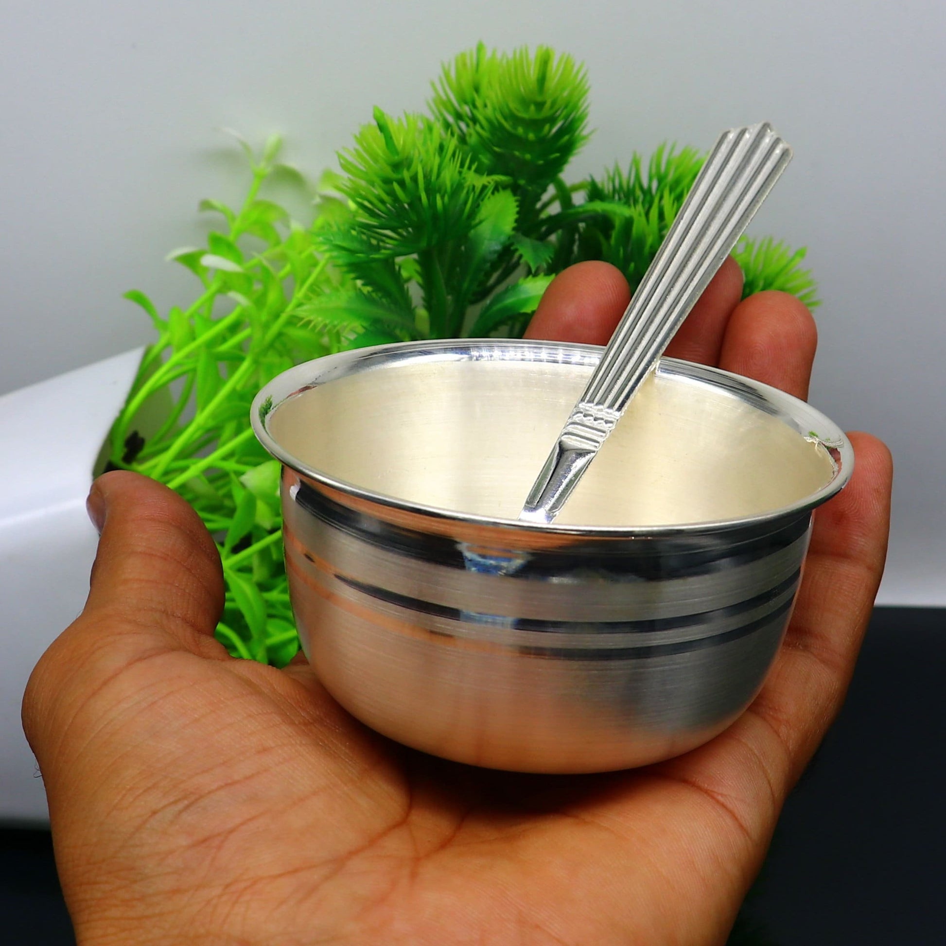 999 pure sterling silver handmade solid silver bowl & spoon, healthy serving bowl, silver vessel, baby serving food utensils baby set sv192 - TRIBAL ORNAMENTS