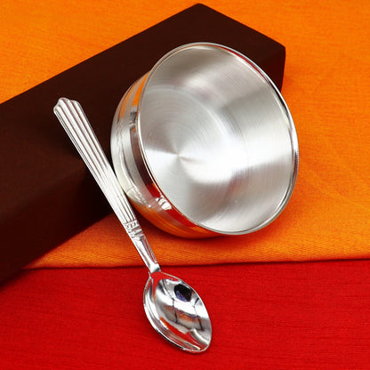 Handmade 999 pure sterling silver baby serving bowl and spoon set by Tribal Ornaments, elegant silver vessel for healthy feeding.
